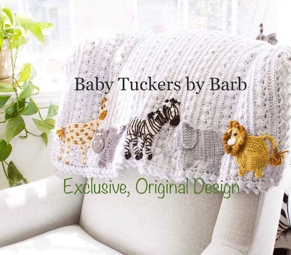 Crochet animal baby blanket, Safari, jungle, zoo,  40x40 with 5 animal appliqués, handmade Original Baby Tuckers design, nursery bedding