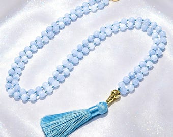 Handmade 8mm Aquamarine 108 Mala Necklace, Knotted Beaded Life Tree Pendant, Healing Crystal Meditation Yoga Prayer Jewelry