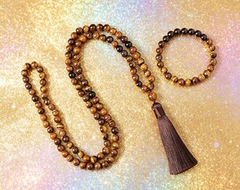 Handmade Tiger Eye Necklace Set Natural Stone Beaded Necklace, Onyx Guru Bead Hand-Knotted Tassel Necklace, Spiritual Energy Healing Jewelry
