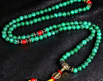 Natural Malachite 108 Mala Bead Necklace, Hand Knotted Prayer Beads for Positive Energy & Good Luck, Boho Meditation Jewelry