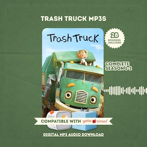 Puede incluir: Descarga de audio digital MP3 de "Trash Truck" con un camión de basura de dibujos animados verde con una cara sonriente y un niño pequeño encima. La imagen incluye el texto "Trash Truck MP3s", "28 episodios incluidos" y "Temporada completa 1-2".