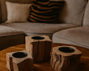 Set of 3 Handmade Wooden Tealight Holders – Rustic Wood Candle Holders