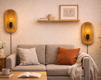 Handmade Wooden Wall Lamp Set, Rustic Bedside Lighting