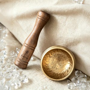 May include: A wooden singing bowl mallet and a brass singing bowl. The mallet is brown with the word "Energy" printed on it. The bowl is gold and has a hammered texture. Clear crystals are scattered around the bowl.