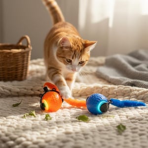 Peut inclure: Un chat tigré orange et blanc jouant avec deux jouets pour chats. Un jouet est orange avec une base noire et une longue queue orange. L'autre jouet est bleu avec une base noire et une queue bleue. Les jouets sont sur une couverture crème.