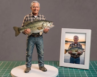 Escultura de pescador personalizada, figura personalizada de gran captura, regalo de arcilla para pescadores