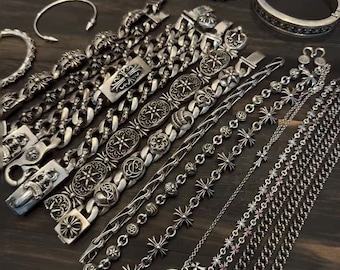 925 Heavyweight Silver CH Bracelet & Necklace, Vintage Biker Punk Band Jewelry for Men and Women