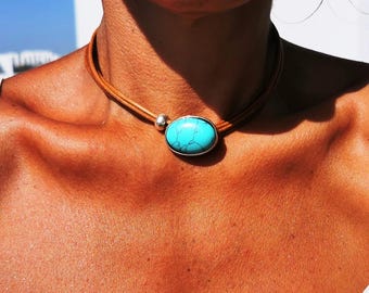Handmade Leather Choker Necklace • Turquoise Pendant, Sterling Silver Plated