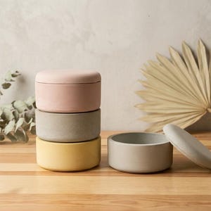 Peut inclure: Trois contenants ronds de couleur pastel empilés avec des couvercles. Les couleurs sont rose, gris et jaune. Un quatrième contenant gris est ouvert à côté de la pile. Une feuille de palmier séchée et une branche d'eucalyptus sont en arrière-plan.