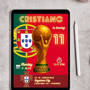 May include: A digital invitation on a tablet featuring a golden FIFA World Cup trophy and the text "CRISTIANO is turning 11." The design incorporates the Portuguese flag and includes event details: Monday, May 7th, 3-5 PM, and an address.