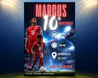 Puede incluir: Un folleto de invitación de cumpleaños con dos jugadores de fútbol con camisetas rojas en un campo de estadio. El texto incluye MARCUS 10TH BIRTHDAY, SATURDAY 14 JUNE, 3:00 PM, ANYWHERE ST 167 CITY, RSVP 41 79 000 00 00 y FOCUS PASSION GREATNESS.