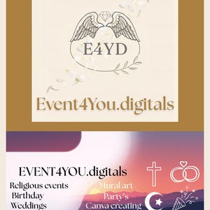 May include: A digital graphic with the text "E4YD" inside a winged emblem, and "Event4You.digitals" below. The lower section lists services: Religious events, Birthday, Weddings, Mural art, Party's, Canva creating.