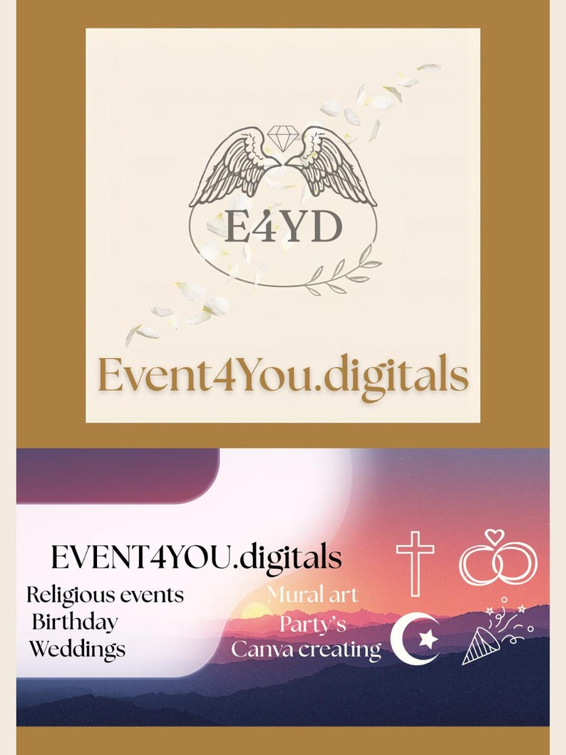 May include: A digital graphic with the text "E4YD" inside a winged emblem, and "Event4You.digitals" below. The lower section lists services: Religious events, Birthday, Weddings, Mural art, Party's, Canva creating.