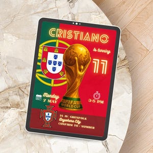May include: A digital tablet displays a birthday invitation with a Portuguese flag design. The invitation features the name "CRISTIANO" in neon lettering, a FIFA World Cup trophy, and the number "11". The date and time are also included.
