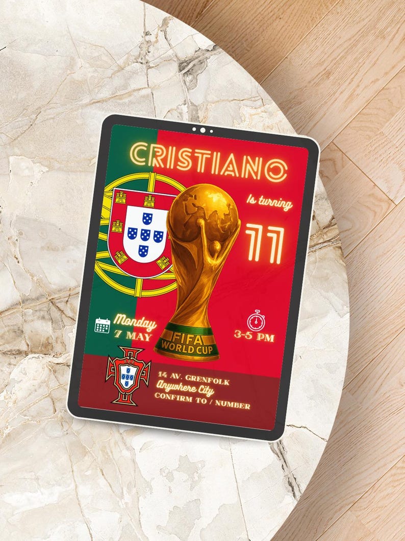 May include: A digital tablet displays a birthday invitation with a Portuguese flag design. The invitation features the name "CRISTIANO" in neon lettering, a FIFA World Cup trophy, and the number "11". The date and time are also included.
