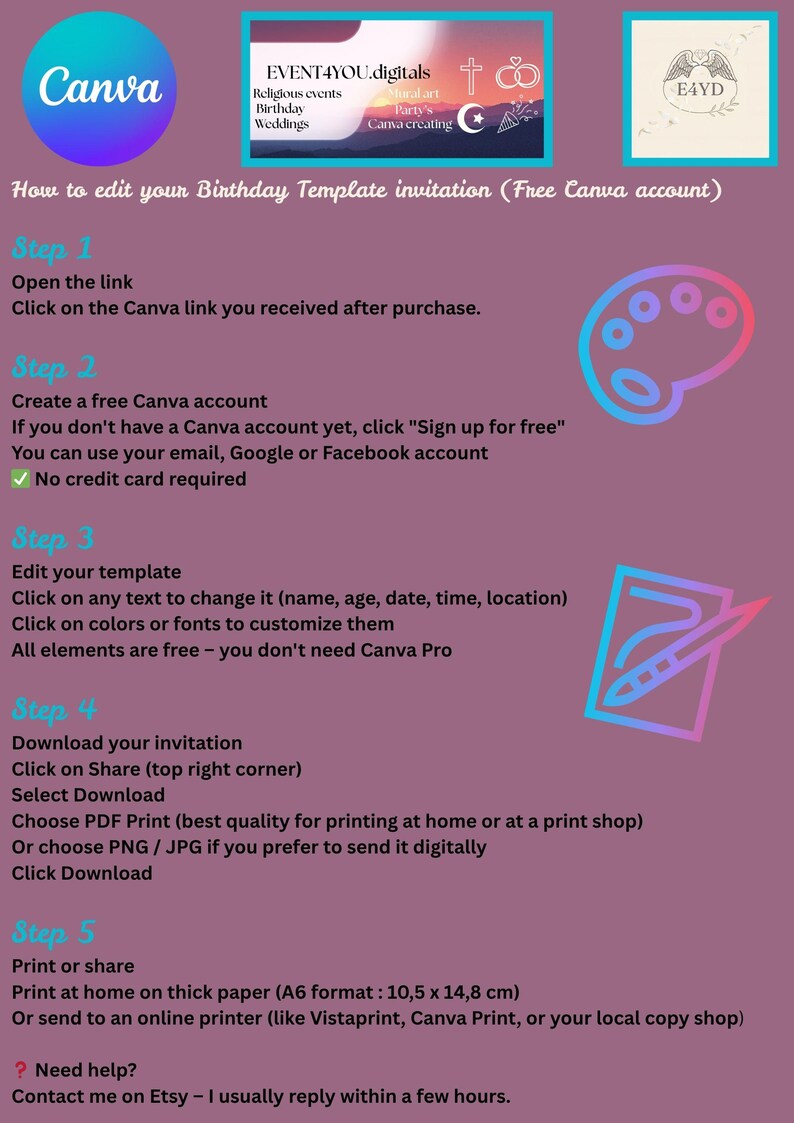 May include: A guide for editing a birthday template invitation using Canva. The image features a teal and purple color scheme with step-by-step instructions. Includes logos for Canva and Event4You.digitals, and a palette icon.