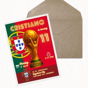 May include: A party invitation featuring the text "CRISTIANO is turning 11" with a gold FIFA World Cup trophy. The invitation includes the Portuguese flag, date, time, and address details. A brown envelope is behind the invitation.