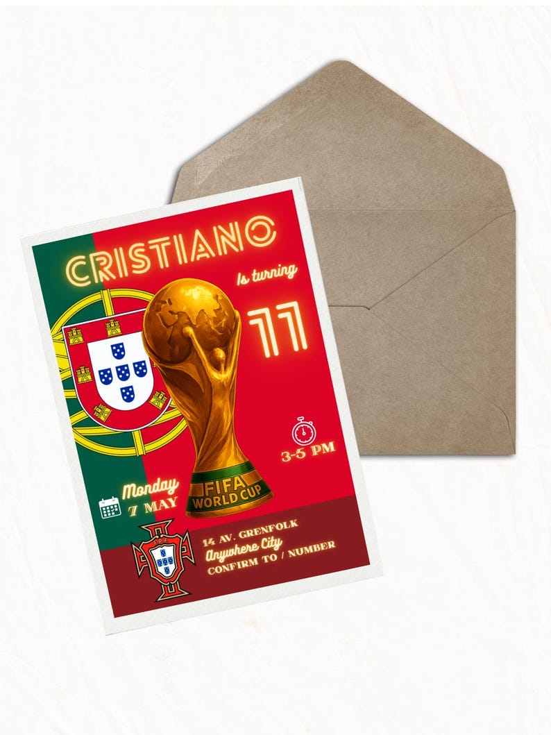 May include: A party invitation featuring the text "CRISTIANO is turning 11" with a gold FIFA World Cup trophy. The invitation includes the Portuguese flag, date, time, and address details. A brown envelope is behind the invitation.