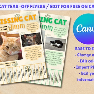 Puede incluir: Dos folletos desprendibles para un gato perdido llamado Jimm, con fotos del gato. Los folletos indican que el gato desapareció el 7 de junio de 2024 e incluyen información de contacto. Los folletos son editables con Canva.