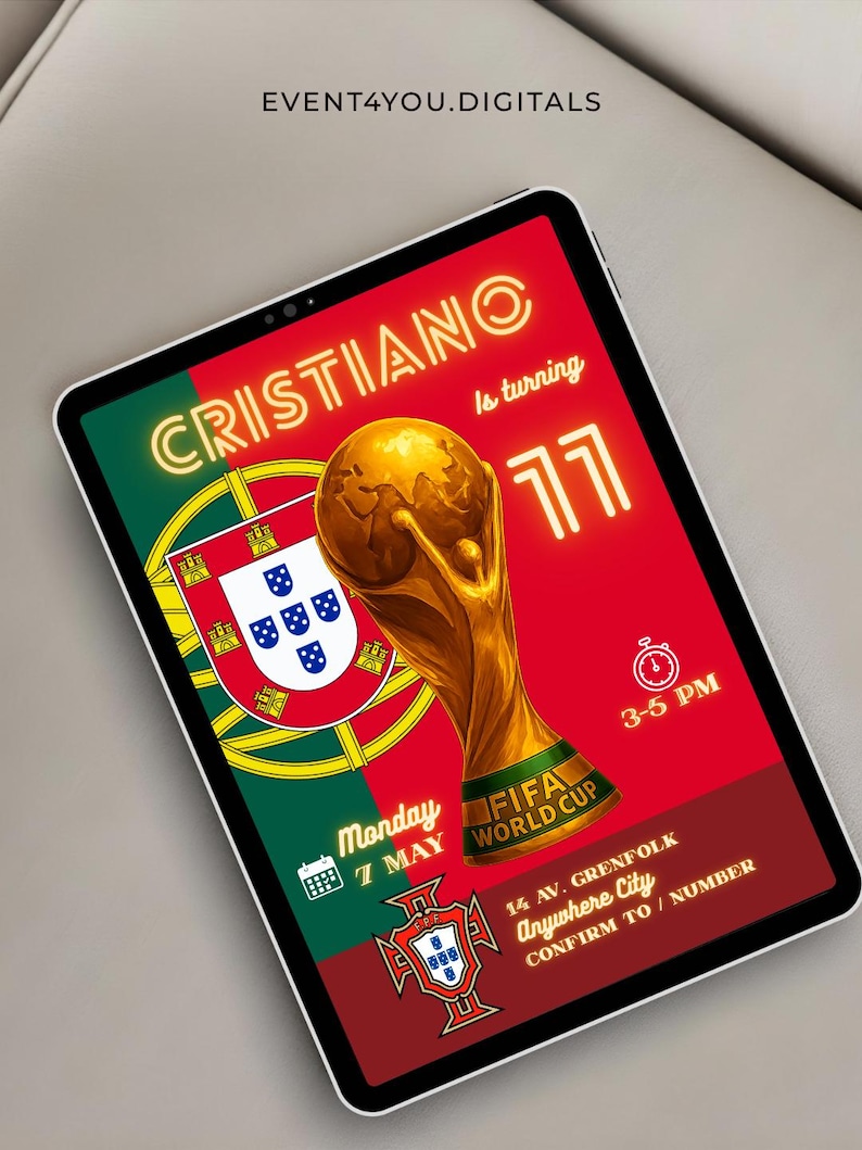 May include: A digital invitation on a tablet featuring a red and green design with the name "CRISTIANO" in neon. It includes a golden FIFA World Cup trophy, the Portuguese flag, and event details.