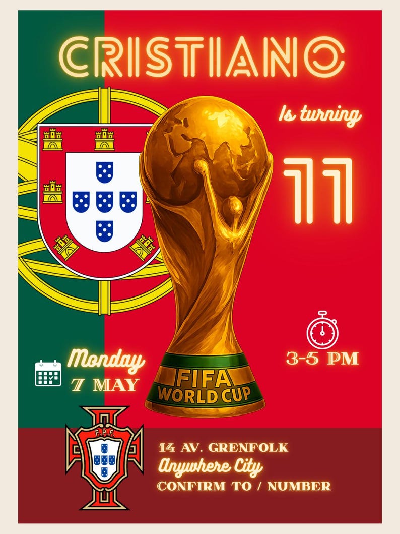May include: A red and green invitation card with the text "CRISTIANO" in a glowing font. The card features a golden FIFA World Cup trophy, the Portuguese flag, and the text "Is turning 11". The date is May 7th.