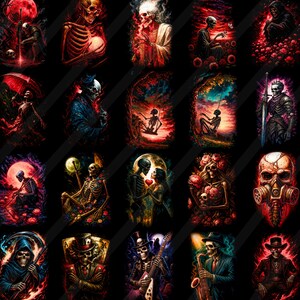 May include: A series of digital art prints depicting skeletons in diverse settings. The artwork uses a dark colour scheme with red, black, and white highlights. Each image has a unique composition, including a skeleton with a gas mask and a skeleton playing a saxophone.