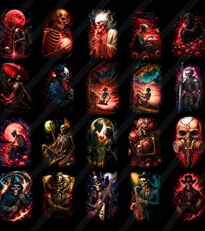 May include: A series of digital art prints depicting skeletons in diverse settings. The artwork uses a dark colour scheme with red, black, and white highlights. Each image has a unique composition, including a skeleton with a gas mask and a skeleton playing a saxophone.