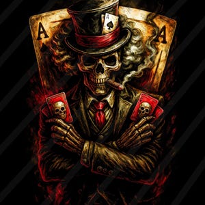 May include: An illustration of a skeleton in a suit and top hat, smoking a cigar and holding playing cards. The cards are red with skull designs. Two Ace of Spades cards are in the background.