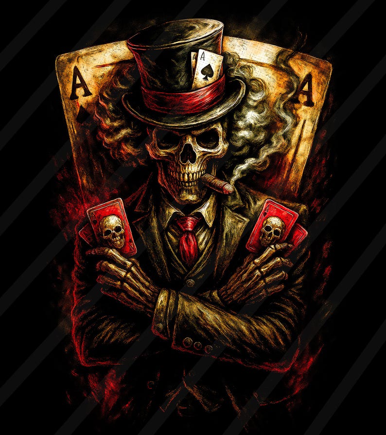 May include: An illustration of a skeleton in a suit and top hat, smoking a cigar and holding playing cards. The cards are red with skull designs. Two Ace of Spades cards are in the background.