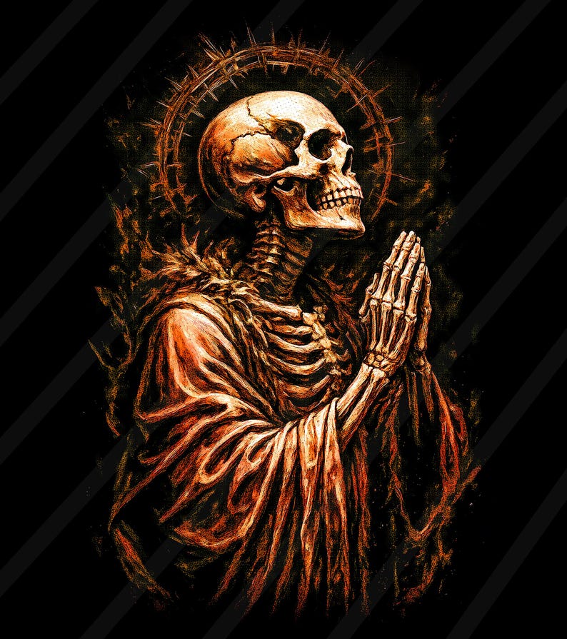May include: An illustration of a skeleton in prayer, rendered in orange and brown tones against a black backdrop. The figure is draped in a robe and has a halo. The artwork has a gothic or macabre theme, with a detailed, artistic style.