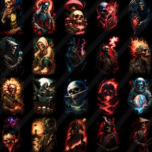 May include: A set of 20 digital art prints featuring detailed skull illustrations. The images display a variety of themes, including fantasy and gothic styles, with vivid colours and intricate details. Each skull is shown in unique attire and poses against a black backdrop.