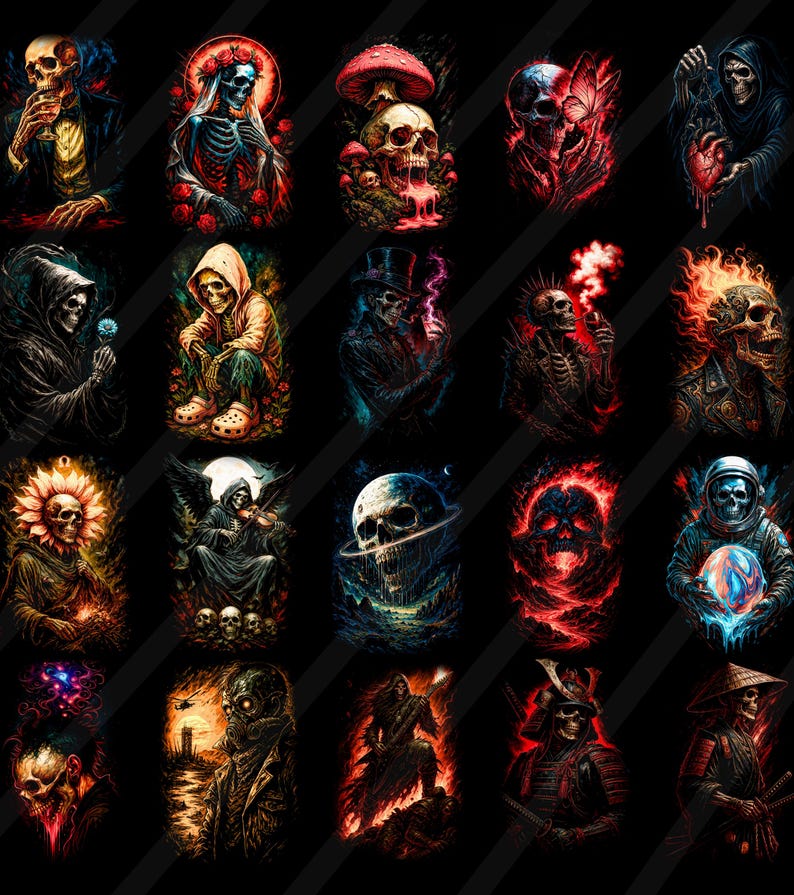 May include: A set of 20 digital art prints featuring detailed skull illustrations. The images display a variety of themes, including fantasy and gothic styles, with vivid colours and intricate details. Each skull is shown in unique attire and poses against a black backdrop.