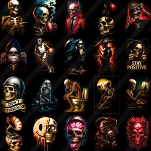 May include: A selection of vibrant skull illustrations against a black backdrop. The images showcase diverse themes, including a skeleton with a cup, a skeleton in a suit, and a skeleton with a basketball. Some images feature text such as "Stay Positive" and "Don't Fuckin Die".