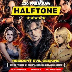 以下が含まれることがあります： Resident Evilのビデオゲームシリーズのキャラクターイラストが特徴のプロモーション画像。「120 Premium Halftone」と「Resident Evil Designs」のテキストが含まれており、様々な商品への印刷に適していることを示しています。