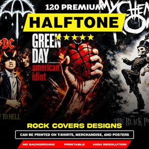 May include: A promotional image featuring rock band album art designs. The image includes the text "120 Premium Halftone Rock Covers Designs" and "Can be printed on T-shirts, merchandise, and posters."
