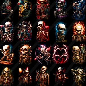 May include: A series of colourful skeleton illustrations against a black backdrop. The skeletons are shown in diverse poses and styles, some with accessories such as hats, flowers, and hearts. The artwork is in a vibrant, digital art style.