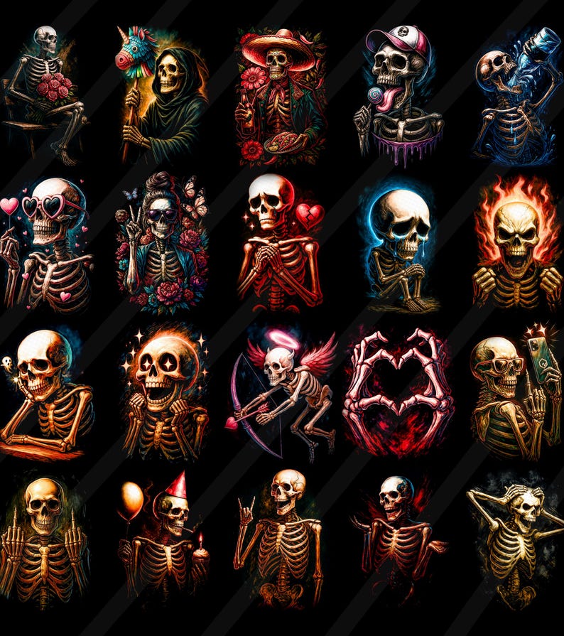 May include: A series of colourful skeleton illustrations against a black backdrop. The skeletons are shown in diverse poses and styles, some with accessories such as hats, flowers, and hearts. The artwork is in a vibrant, digital art style.