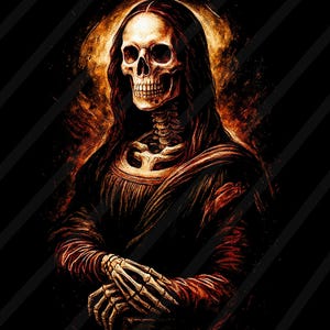 May include: Digital art print depicting a skeletal figure in the style of the Mona Lisa. The figure has a skull face, long dark hair, and wears a dark robe. The background is black with orange and red hues.