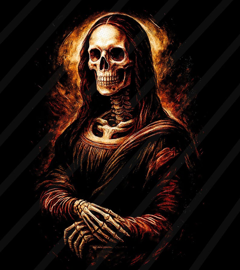 May include: Digital art print depicting a skeletal figure in the style of the Mona Lisa. The figure has a skull face, long dark hair, and wears a dark robe. The background is black with orange and red hues.