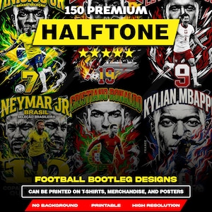 150 Football Halftone Designs PNG Bundle A2 A3 A4 | Vintage Bootleg Dotwork | Sports Streetwear | DTF Screen Print | No Background