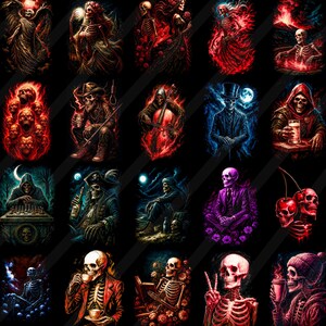 May include: A selection of digital art prints depicting skeletons in various scenarios. The illustrations feature skeletons in different outfits and activities, with vivid colours and intricate designs. The art style is gothic and macabre.