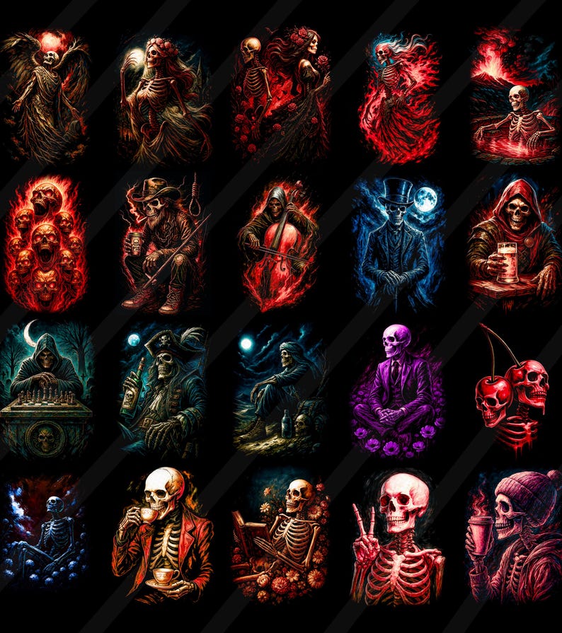 May include: A selection of digital art prints depicting skeletons in various scenarios. The illustrations feature skeletons in different outfits and activities, with vivid colours and intricate designs. The art style is gothic and macabre.