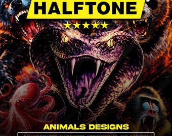 120 Animal Halftone Designs PNG Bundle A2 A3 A4 | Wildlife Dotwork Pack | Streetwear Graphics | DTF Screen Print | No Background