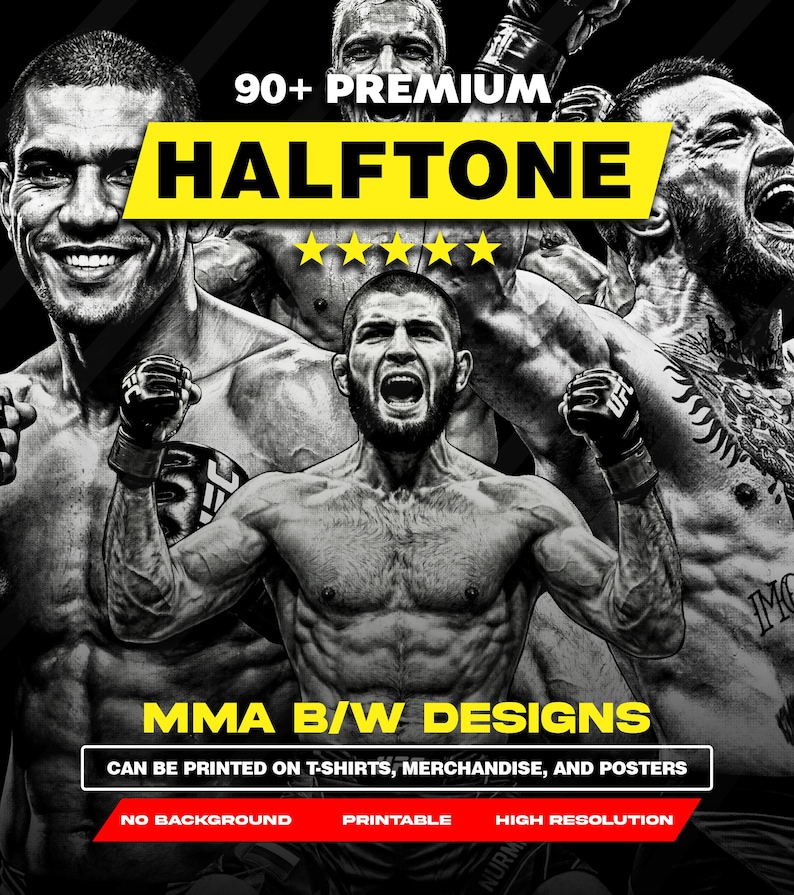 90 MMA Halftone Designs PNG Bundle A2 A3 A4 | Combat Sports Dotwork ...