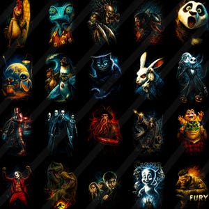 May include: A collection of colorful character portraits on a black background. The images include a variety of animated and movie characters, such as a panda, a cat, a rabbit, and a dinosaur. The artwork is detailed and vibrant.