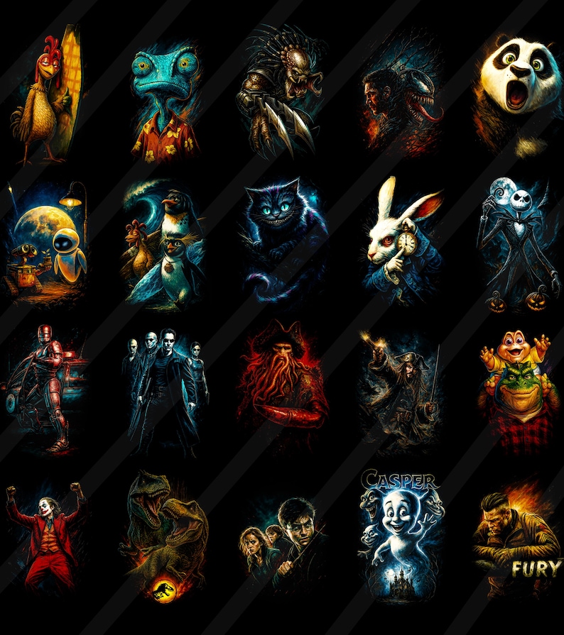 May include: A collection of colorful character portraits on a black background. The images include a variety of animated and movie characters, such as a panda, a cat, a rabbit, and a dinosaur. The artwork is detailed and vibrant.
