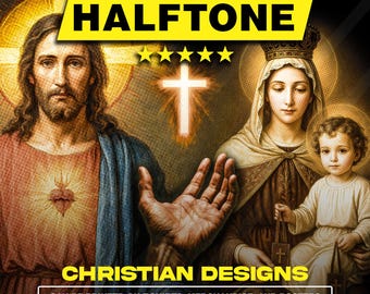 Plus de 110 modèles Christian Halftone Premium | Format A2 A3 A4 | Lot PNG original pour tissu noir | DTF, sérigraphie et sublimation