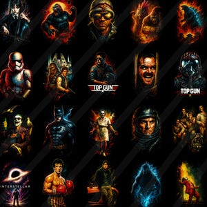 May include: A collection of colorful digital art prints featuring iconic movie characters. The images include characters from "Top Gun", "Star Wars", "Batman", "Rocky", and "Interstellar", among others. Each portrait is set against a black background.