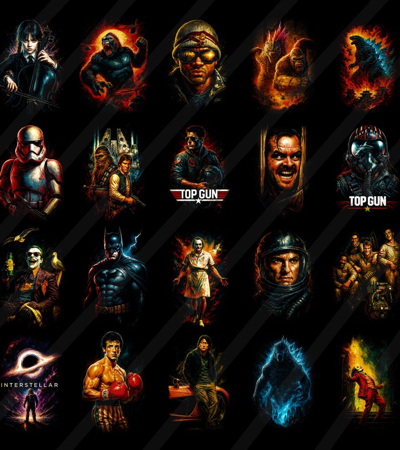 May include: A collection of colorful digital art prints featuring iconic movie characters. The images include characters from "Top Gun", "Star Wars", "Batman", "Rocky", and "Interstellar", among others. Each portrait is set against a black background.