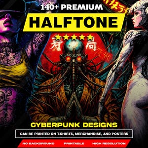 140 Cyberpunk Halvtonsdesigner PNG-paket A2 A3 A4 | Futuristiskt Dotwork-paket | Tech Streetwear | DTF-screentryck | Ingen bakgrund